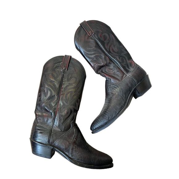 DAN POST 9 D Genuine Teju LIZARD Black Cherry Cowboy Boot Made in USA J Toe - Picture 1 of 14